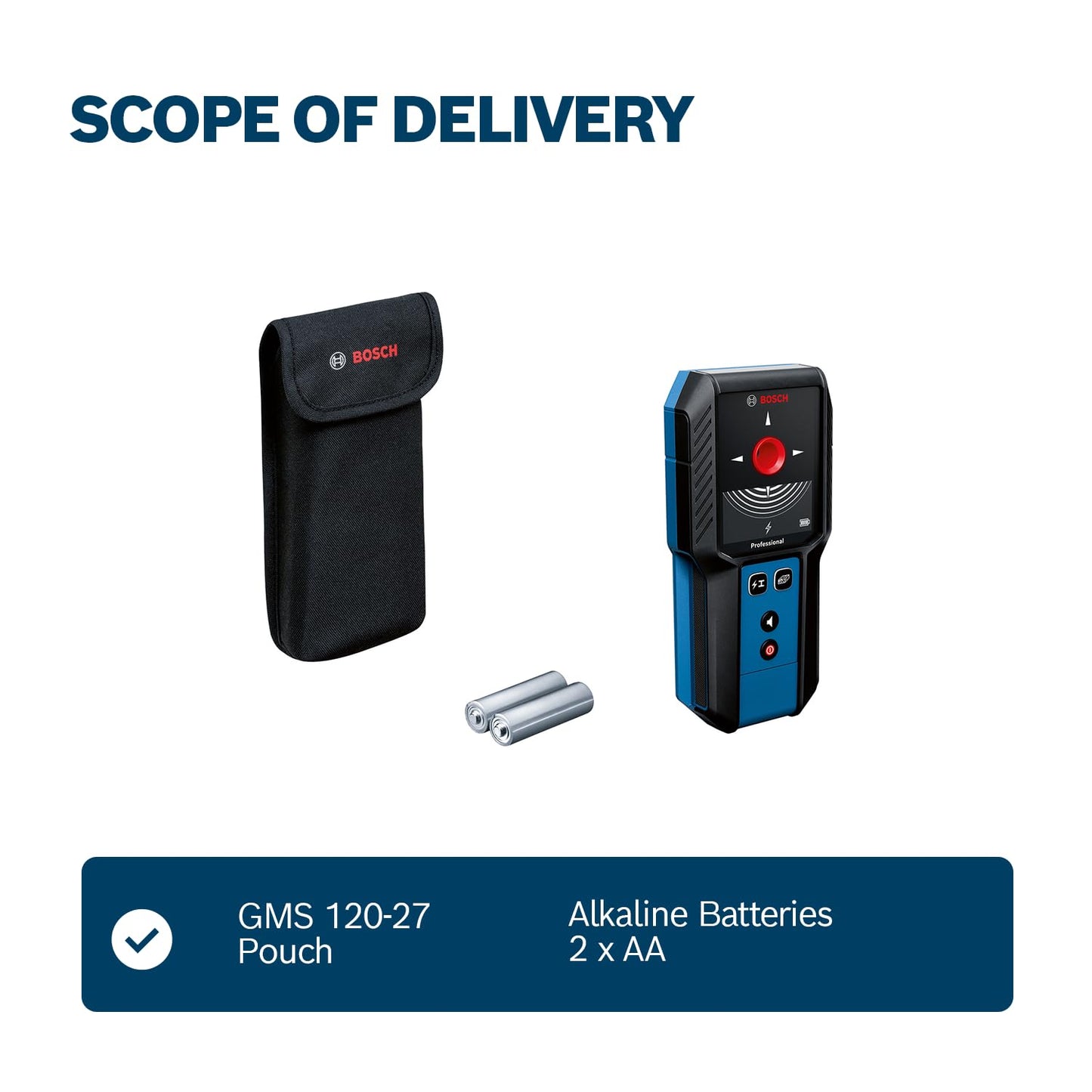 Bosch Professional Wall Scanner GMS 120-27 (2xAA Batteries, max. Detection Depth Non-Magnetic Metal/Magnetic Metal/Live-Wire/Wood: 120/100/50/30 mm,