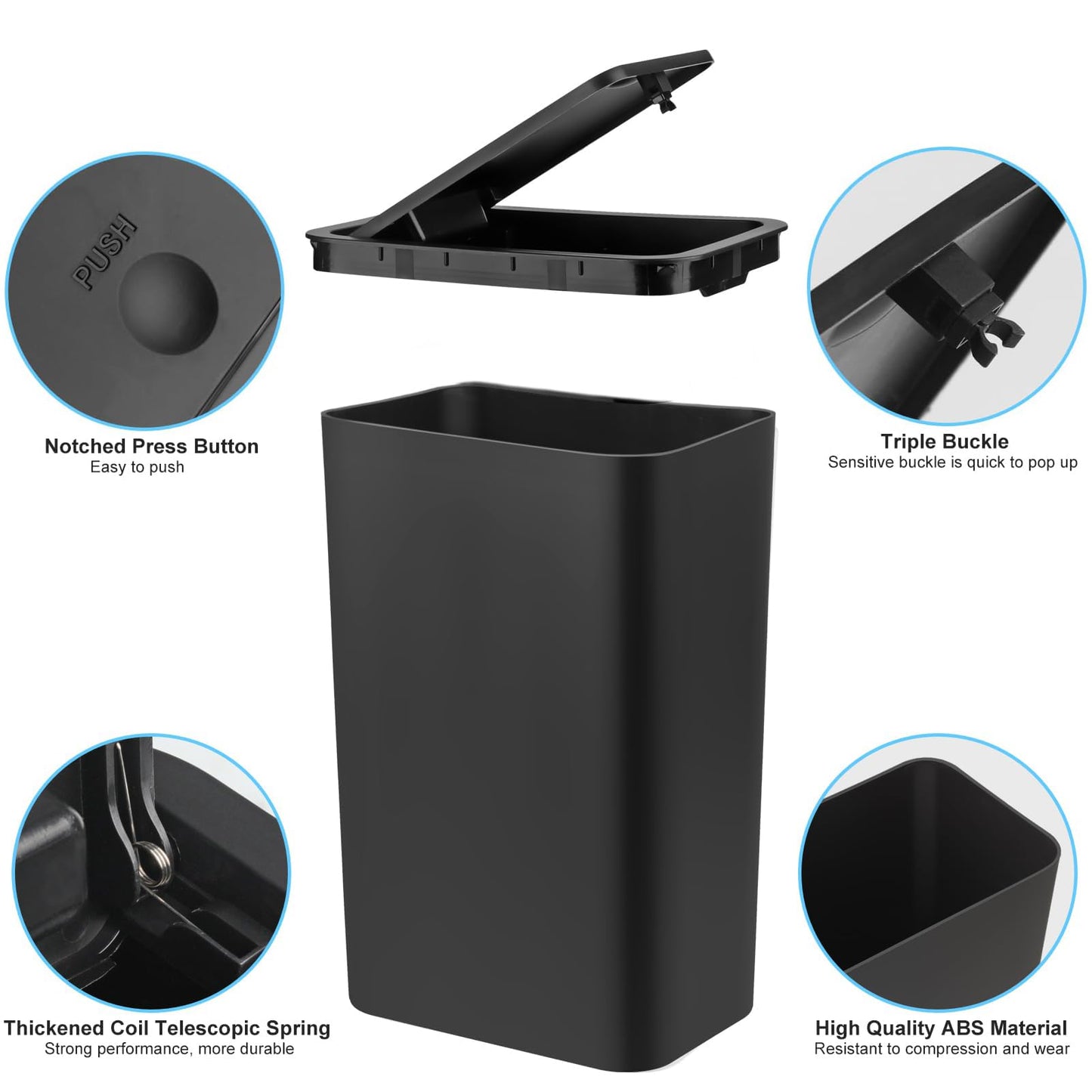 2Pack Bathroom Bin with Lid, Push Button Thin Toilet Bin, Plastic Dog Proof Slim Trash Can for Bedroom Office Living Room Kitchen, 10 Liter Capacity