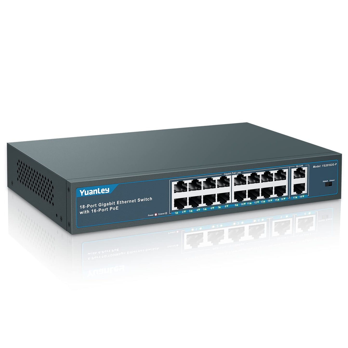 YuanLey 18 Port Gigabit PoE Switch, 16 PoE+ Port 1000Mbps, 2 Gigabit Uplink, 250W 802.3af/at, Metal Desktop/Rackmount, Unmanaged Plug and Play Network