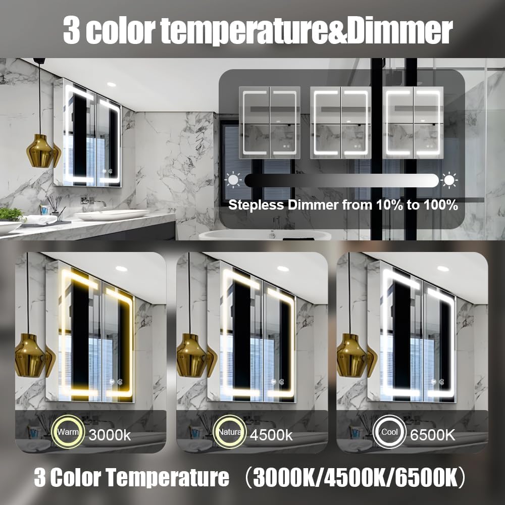 Janboe Stainless Steel LED Mirror Cabinet,Bathroom Mirror Cabinet with Light,3 Color,Dimmable,Equipped with Defogger,USB Shavor Socket,Internal