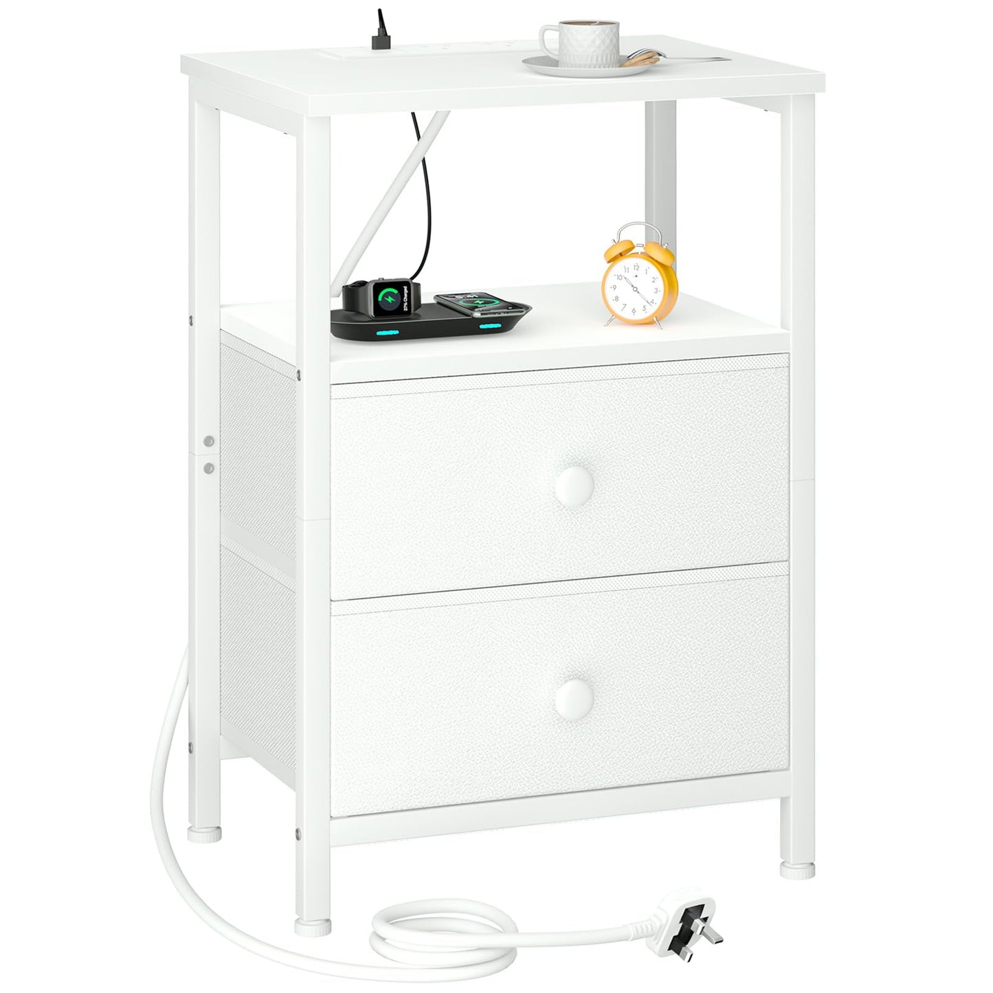 LOAKEKEL Bedside Table with Charging Station (Power, White, 2 Drawers)