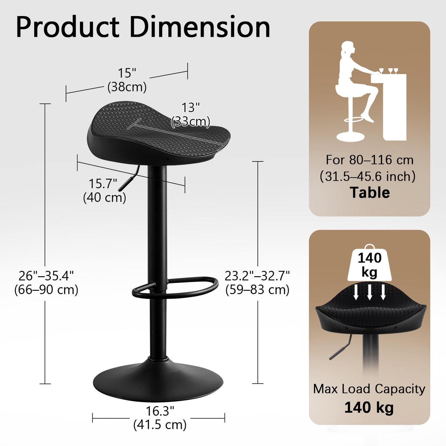 YOUNUOKE Black Bar Stools Set of 2 Backless Breakfast Barstools
