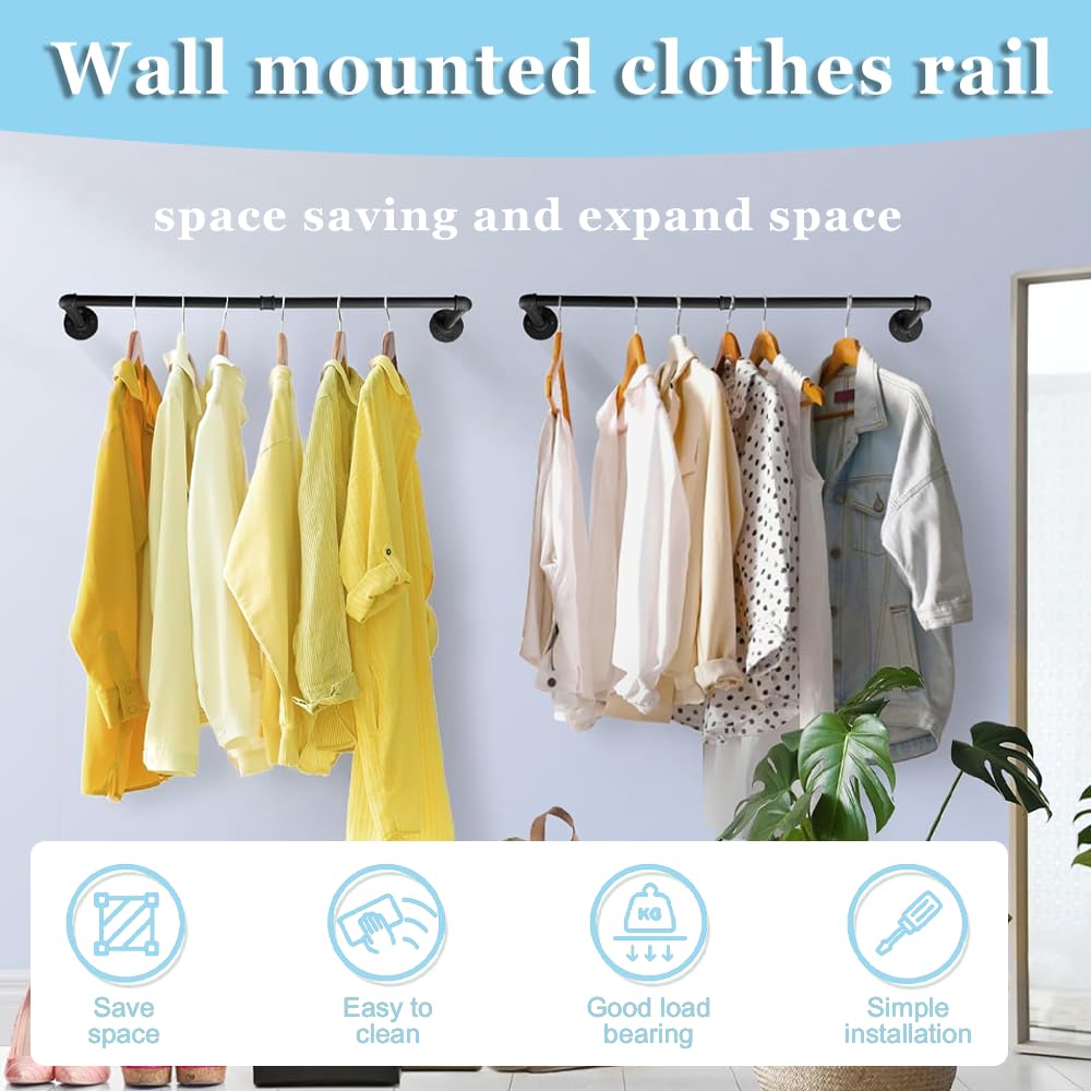 Exquilnova 180CM Wall Mounted Clothes Rail,Black Metal Clothing Rack,Multifunctional Heavy Duty Clothes Rail,Hanging Rails Suitable for