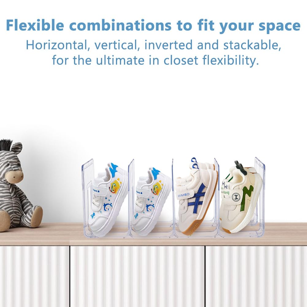 DICOSMETIC 2Pcs 4 Girds Clear Small Shoe Rack Plastic Shoes Holder 12.6x5.7x5.08 Inch Shoes Display Organizer Stackable Shoe Storage Shelf for Home
