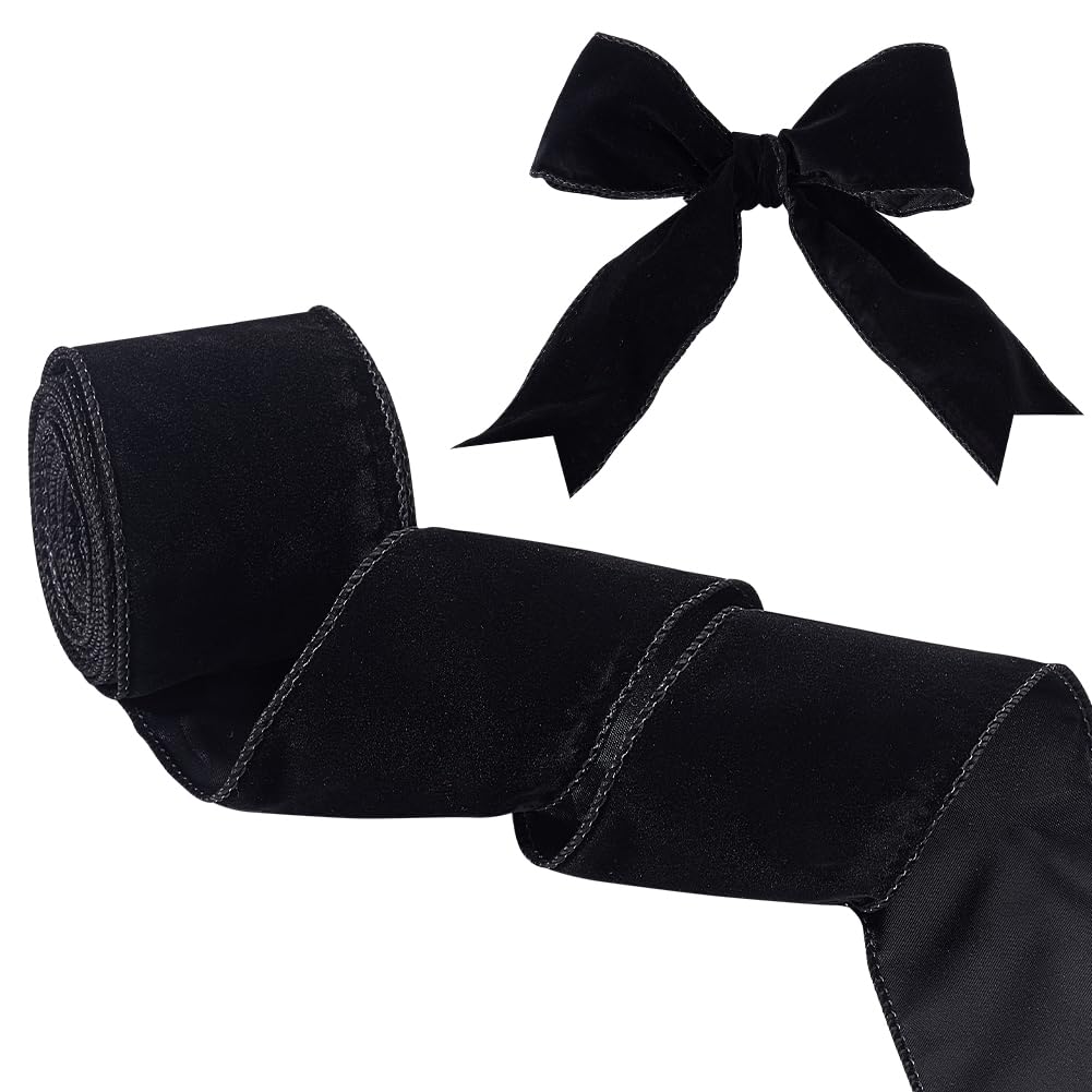 OLYCRAFT 10.9 Yards/10m Black Soft Velvet Wired Ribbon 64mm Single Face Velvet Ribbons Wired Velvet Ribbon Black Flat Wired Ribbons for Gift Wrapping
