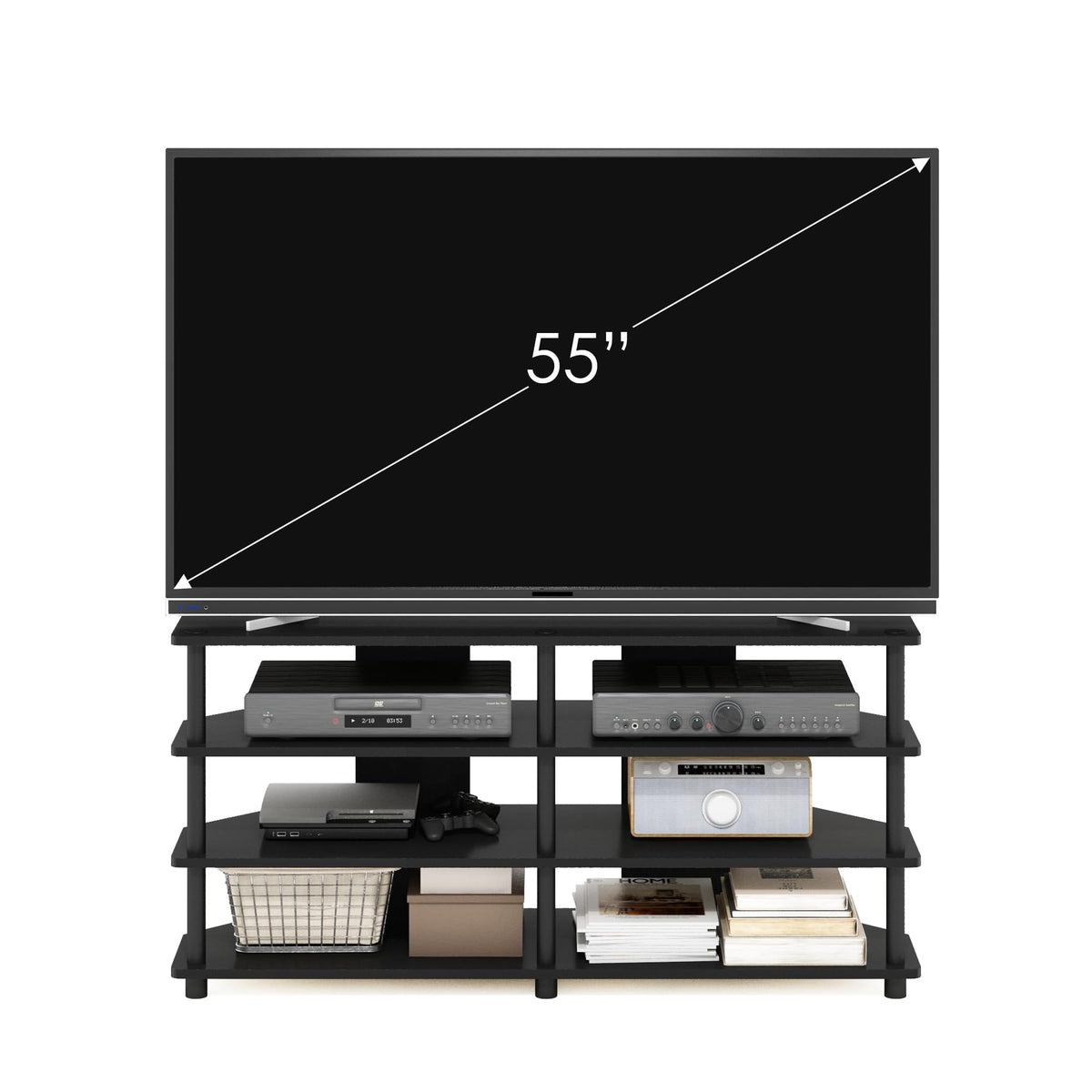 Furinno ECON TV Stand, 4-Tier Corner Entertainment Center, TV Console for TV up to 55 Inch, Easy Assembly, for Living Room, Bedroom, Blackwood