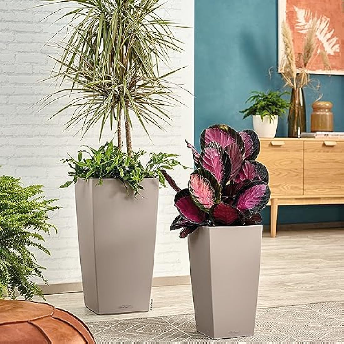 Lechuza CUBICO Color 40 Self Watering Planter Large Garden Plastic Indoor and Outdoor Flower Plant Pot with Drainage Hole H75 L40 W40 cm Sand Brown