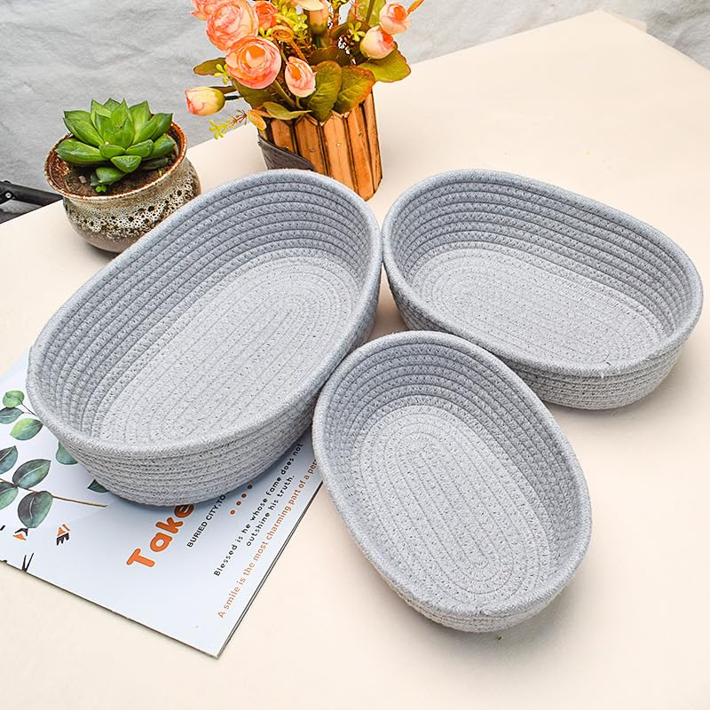 Cotton Rope Storage Baskets Set of 3 - Woven Storage Baskets for Organization, Available in White Grey Beige (Gray)