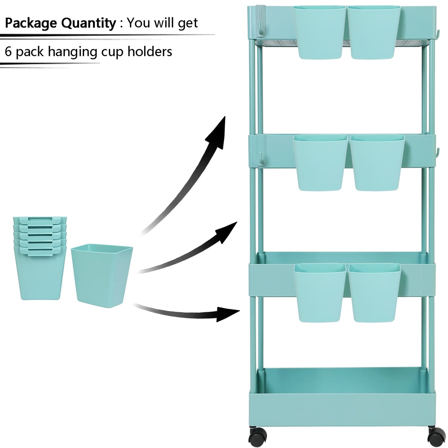 AYVANBER 6 Pack Hanging Cup Holder for Rolling cart Accessories Hooks Little Hanging Buckets Hanging Storage Bins Craft Supplies for Rolling Utility