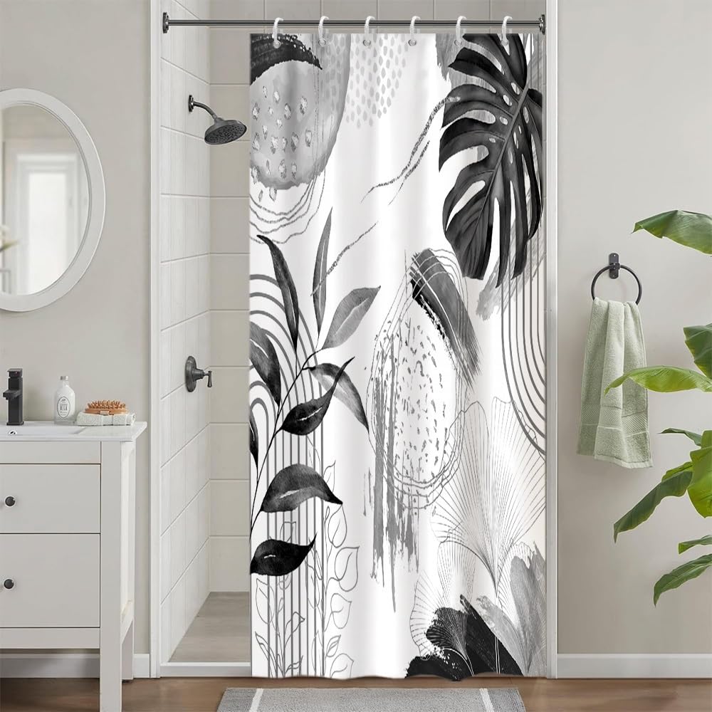Uiiooazy Anti-Mould Shower Curtain, Narrow Shower Curtain 90 x 180 cm, Grey Tropical Palm Leaves Jungle Boheme Bath Curtains Washable Fabric