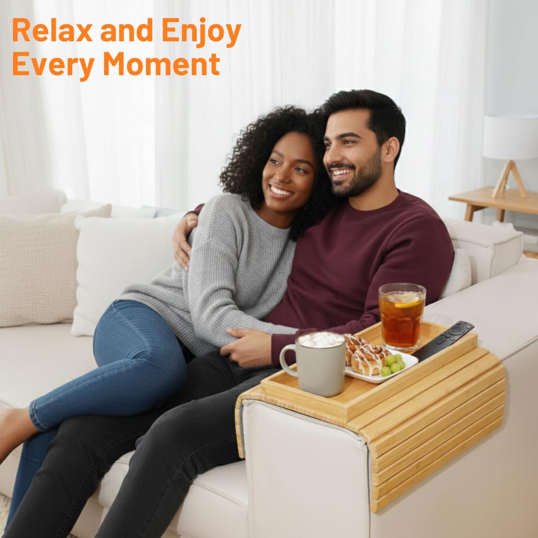 Bamboo Couch Arm Tray Table, Large Sofa Armrest Tray with Raised Edges, Anti-Slip Foldable Couch Cup Holder, Armrest Organizer for Drinks, Snacks