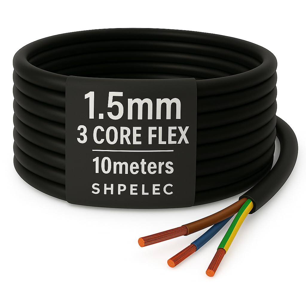 SHPELEC? Flexible Black Cable 3183Y | 1.5mm 3 Core | BASEC Approved PVC for LED Lighting | Multiple Length Options (10 Metres)