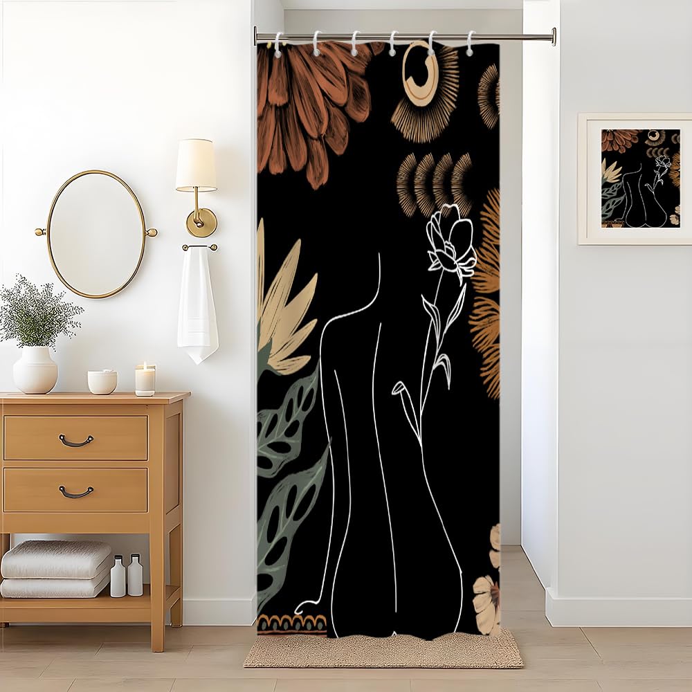 Uiiooazy Abstract Stall Shower Curtain, Boho Floral Women Mid Century Modern Minimalist Bath Curtain Anti Mildew Waterproof Polyester Fabric Opaque