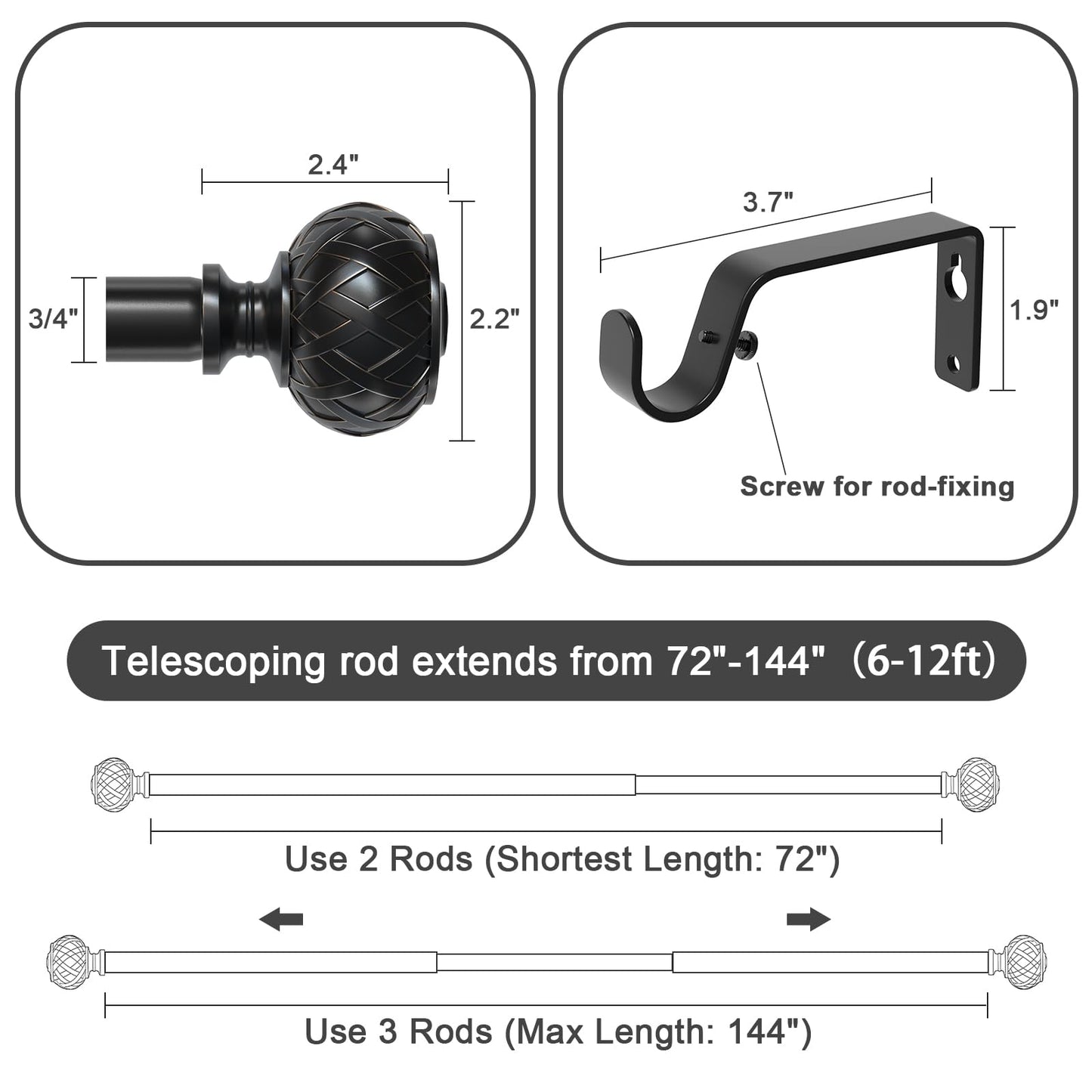SZXIMU Curtain Pole for Windows 182-365 cm (72 to 144 Inches), Extendable Curtain Rod for Eyelet Curtains Drapery Rod with Netted Texture