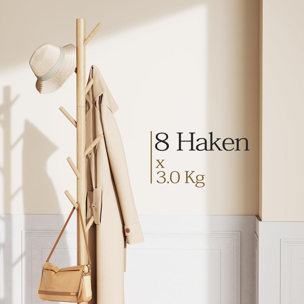 Pipishell Coat Rack, Wooden Coat Rack Stand with 3 Height Options and 8 Hooks, Sturdy Freestanding Coat Rack for Clothes/Bags/Hats, Coat Rack for