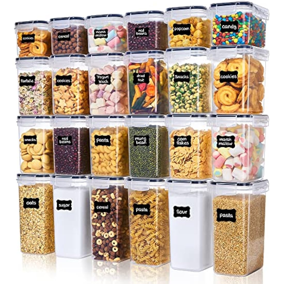 Vtopmart Set of 24 Airtight Food Storage Containers & Kitchen Storage Containers, BPA-Free Plastic Containers for Flour, Sugar and Baking Supplies, with 24 Labels (Black)