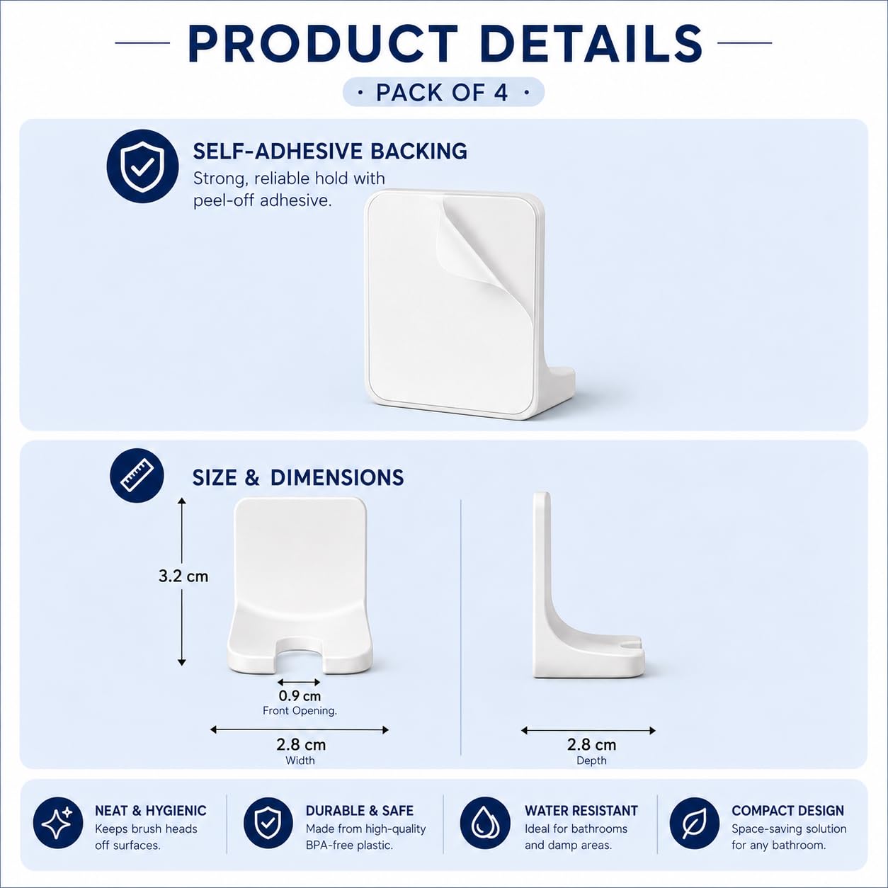 Electric Toothbrush Head Holder, 4 Pack Wall-Mounted Self-Adhesive Hangers for Toothbrush Heads, Razors & Hair Ties, No-Drill Bathroom Storage, White