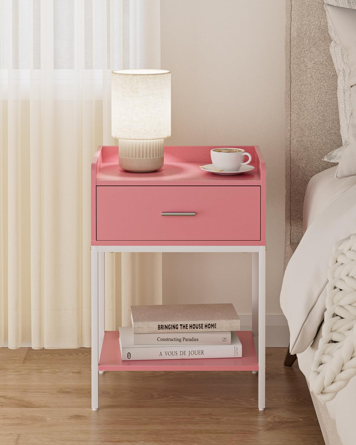 HEYZOEY Bedside Table, 3-tier Modern Bedside Table with Storage Drawer and Shelf, Small Side Table for Bedroom, Living Room, Pink