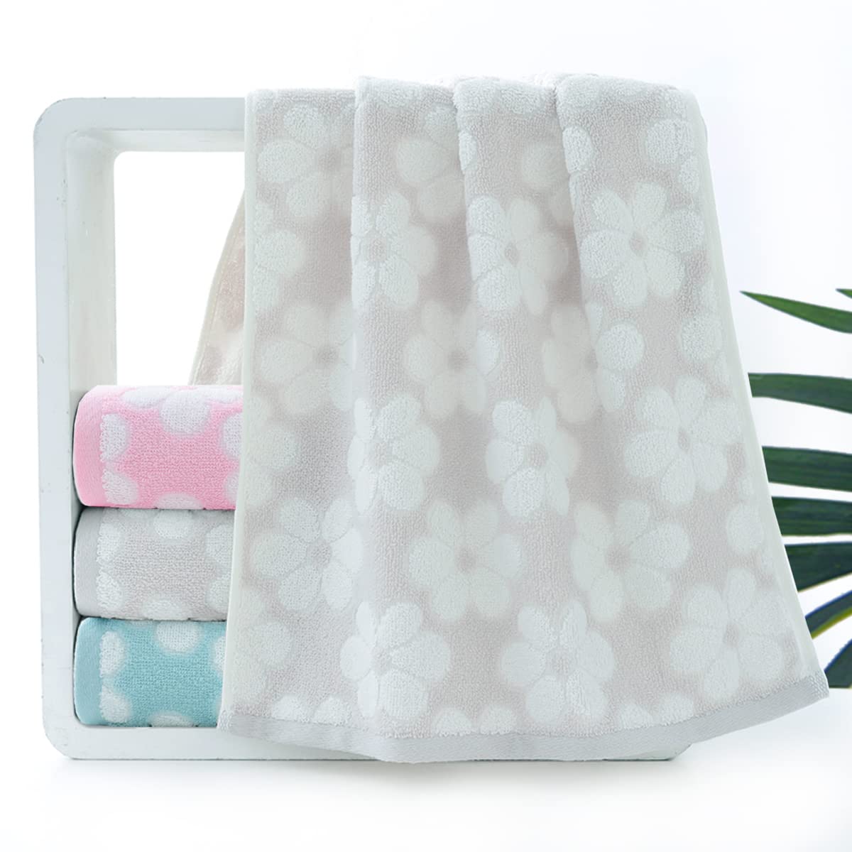 Pidada Hand Towels Set of 2 Floral Pattern 100% Cotton Soft Absorbent Decorative Towel for Bathroom (Light Grey)