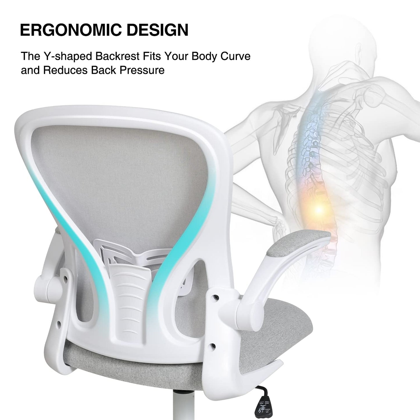 Fullwatt Ergonomic Desk Chair - Flip-up Armrest Mesh with Lumbar Support, Mid-Back for Home Office & Conference Rooms, Grey