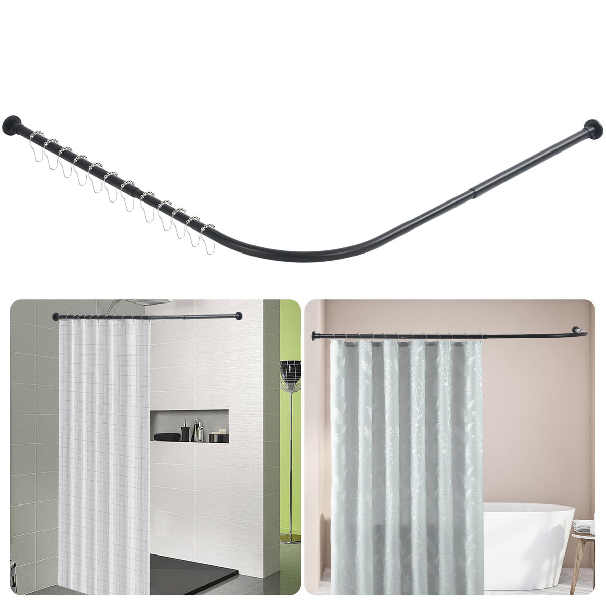 Btstil Shower Curtain Rail L Shape, Adjustable Corner Shower Curtain Rod, Wall Mounted 304 Stainless Steel Curved Shower Rail With 12 Rings for