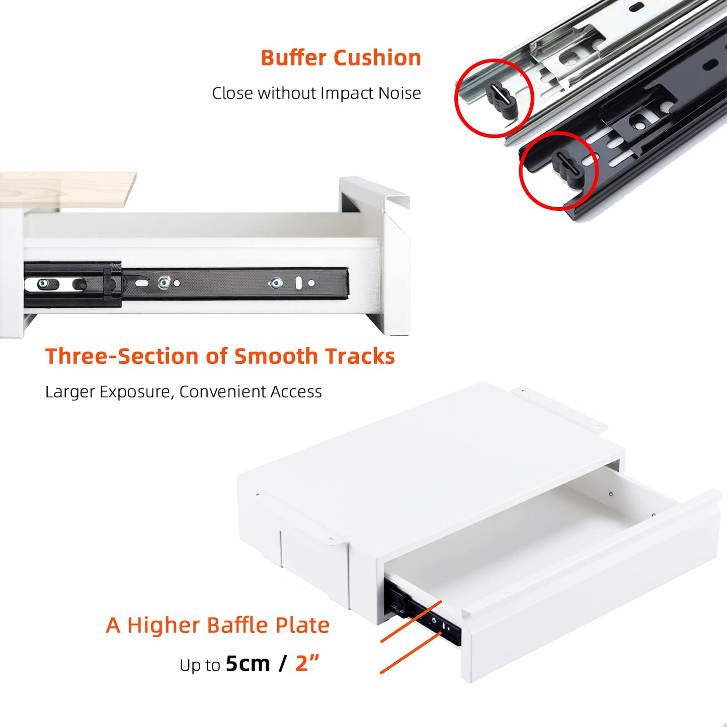 OSteed Large Under Desk Metal Drawer 45cm, Office Under Shelf Drawer, White