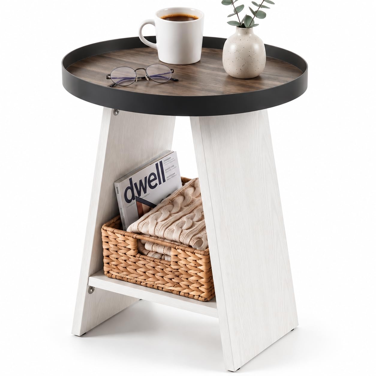 ZEXVIDA 2-Tier Round End Table with 17.7 inch Tray Top, White