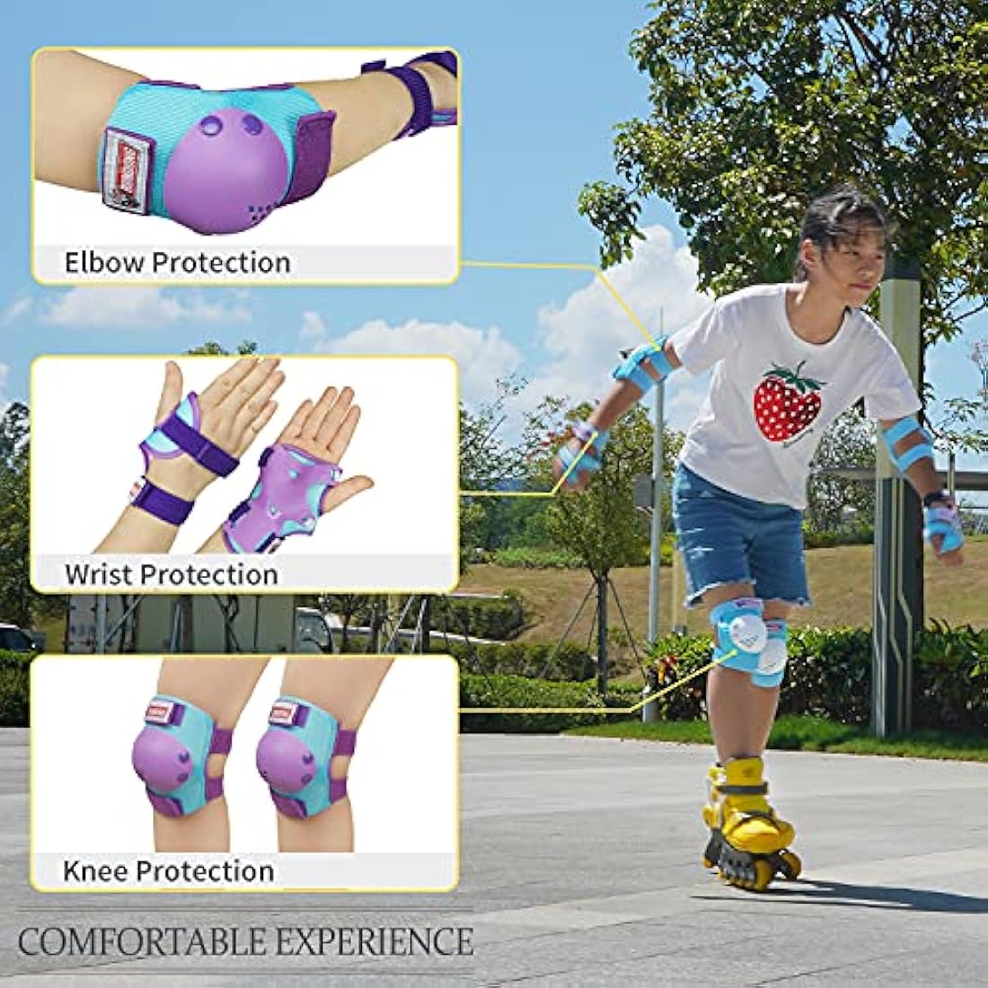 Youth/Kids Knee Pads Elbow Pad Wrist Guards Protective Gear Set for 3-15 Years Child Roller Skates Skateboard Inline Rollerblading Cycling BMX Bike Skating Scooter Riding and Other Outdoor Sports