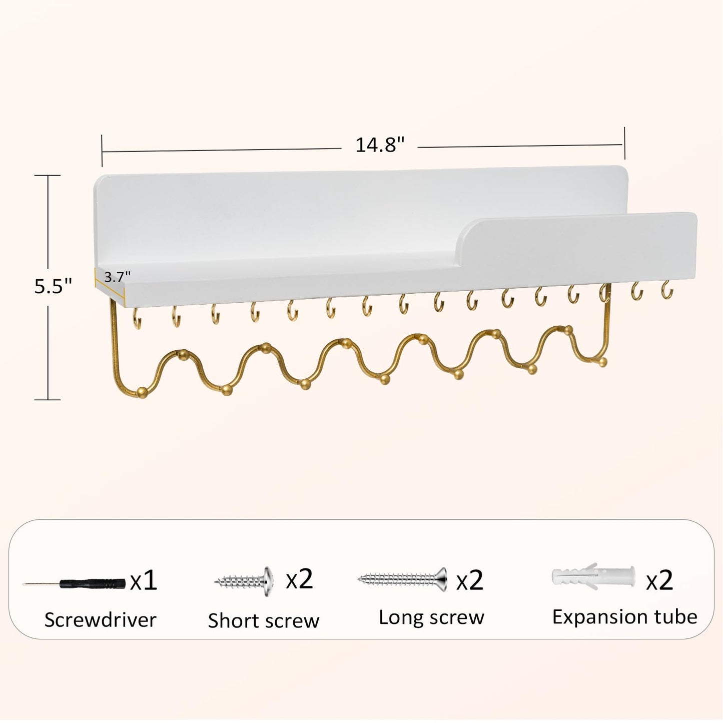 Lampaggio 29 Hooks Wall Mount Necklace Holder Organizer, White Decorative Wood Jewelry Shelf with Gold Metal Wave Bar and Guardrail for Necklace