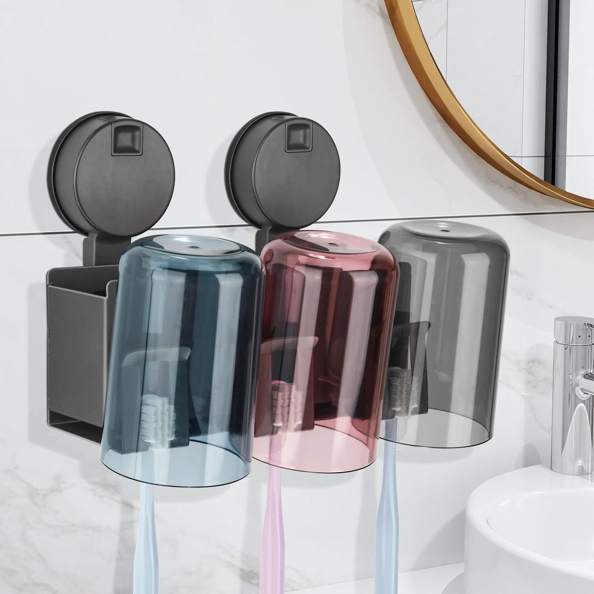 Euqvunn Toothbrush Holder Wall Mounted [Removable Suction Cup No Drill], Aluminium Alloy, 3 Compartments, 3 Toothbrush Slots & 3 Toothbrush Cups