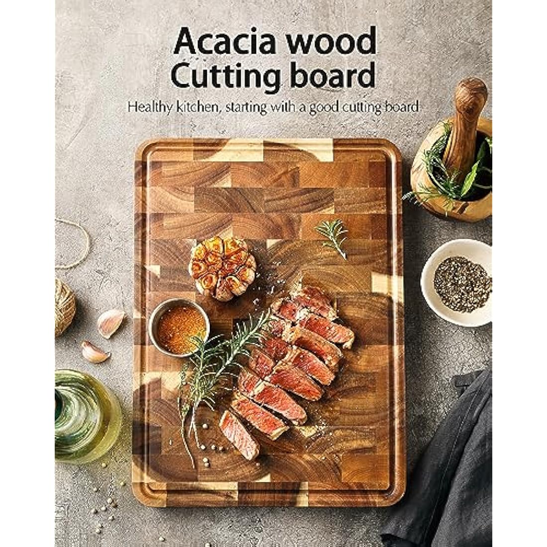 XINZUO Acacia Wood Cutting Board for Kitchen End Grain (13.8''L x 9.8''W x 1''T)-Wooden Chopping Board Meat Cutting Board with Non-Slip Feet, Side Handles and Juice Groove