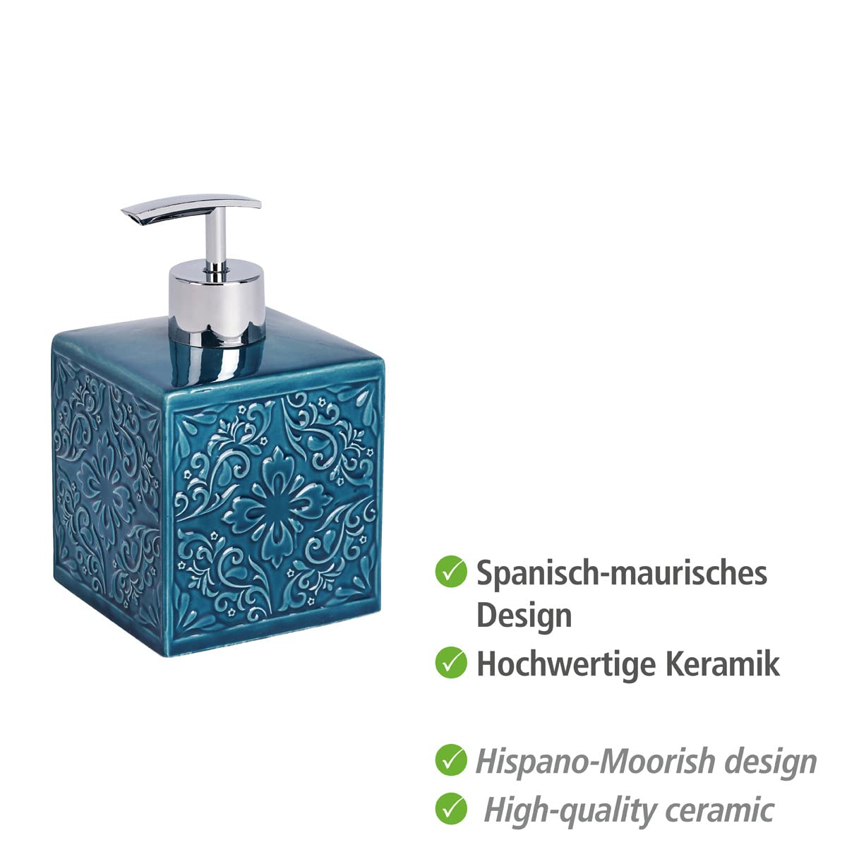 WENKO 22653100 Soap dispenser Cordoba Blue - dispenser for liquid soap Capacity: 0.5 l, Ceramic, 8.5 x 13 x 8.5 cm, Blue
