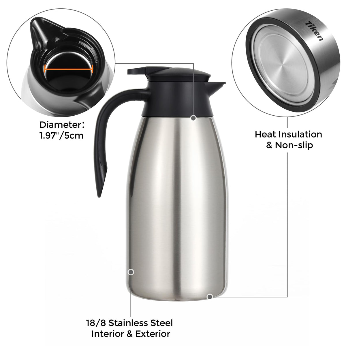 Tiken 2.5L Thermal Coffee Carafe Jug, Stainless Steel Insulated Vacuum Coffee Pot Flask for Tea Hot and Cold Drinks