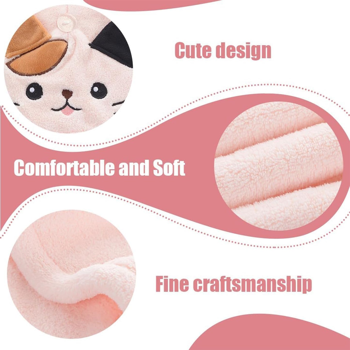 hankousi 1Pcs Microfibre Hair Turban, Quick Dry Adjustable Button and Elastic Strap Drying Towel with Cute Cat Design Pink Coral Fleece Wrap for