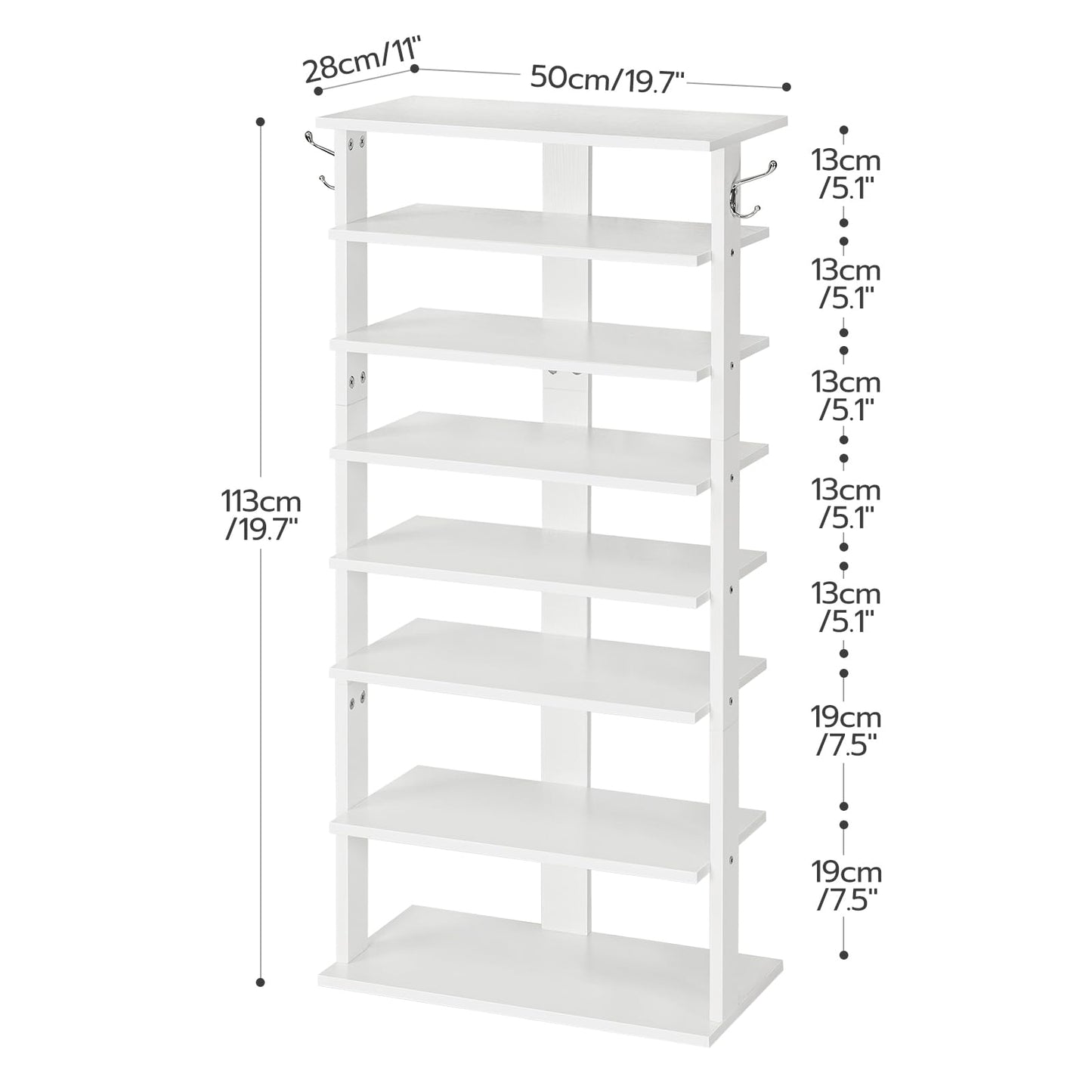 HOOBRO Shoe Rack Wooden, White Shoe Rack, Narrow Shoe Storage Organizer with 2 Hooks, Slim Shoe Shelf, Vertical Shoe Tower for Entrance, Living Room,