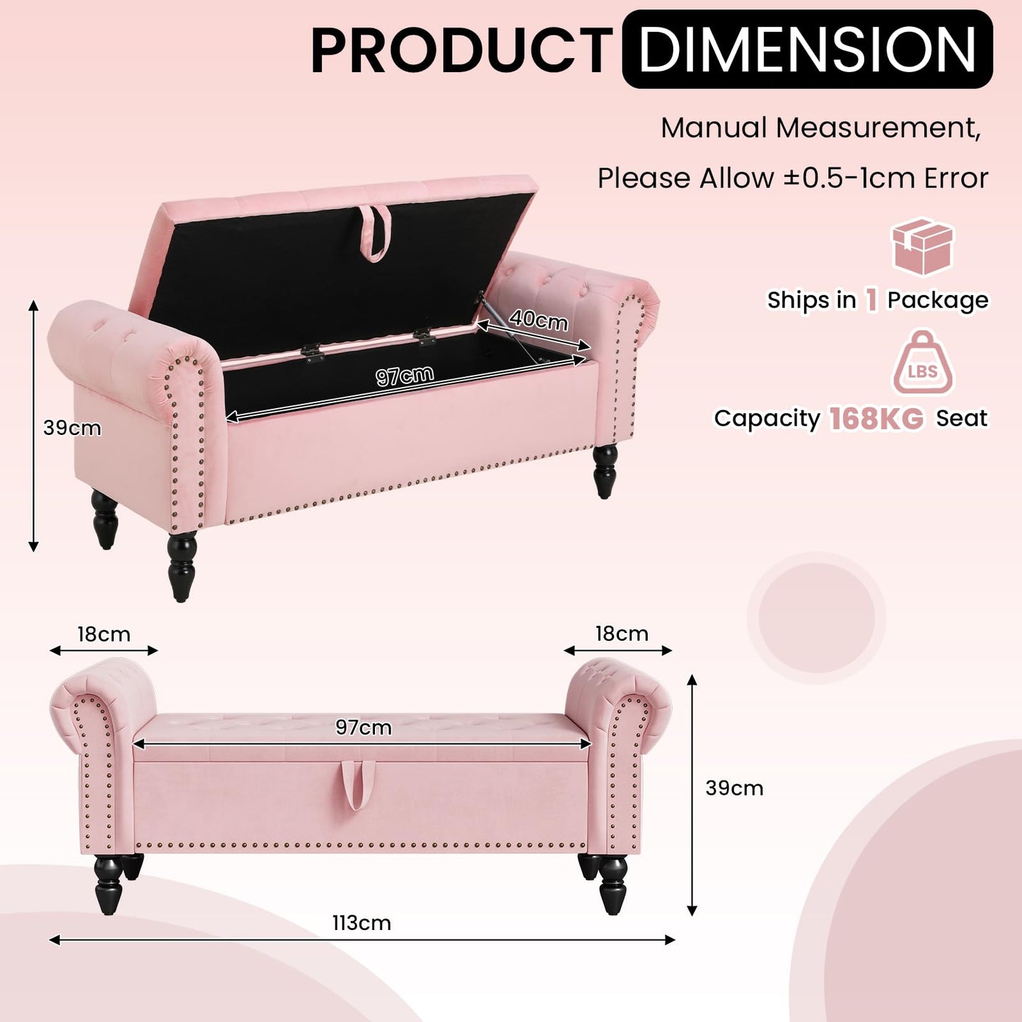 Clevich 133cm Velvet Storage Ottoman Bench, 168KG Load Capacity, Pink