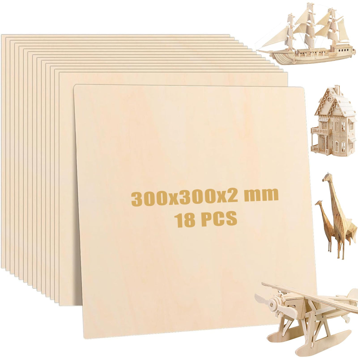 MUXHEL 18PCS Plywood Sheets 300 x 300 x 2mm Plywood Boards Unfinished Poplar Wood Sheet Plywood Sheets for Crafts, Arts, Painting, Home Decor, DIY &