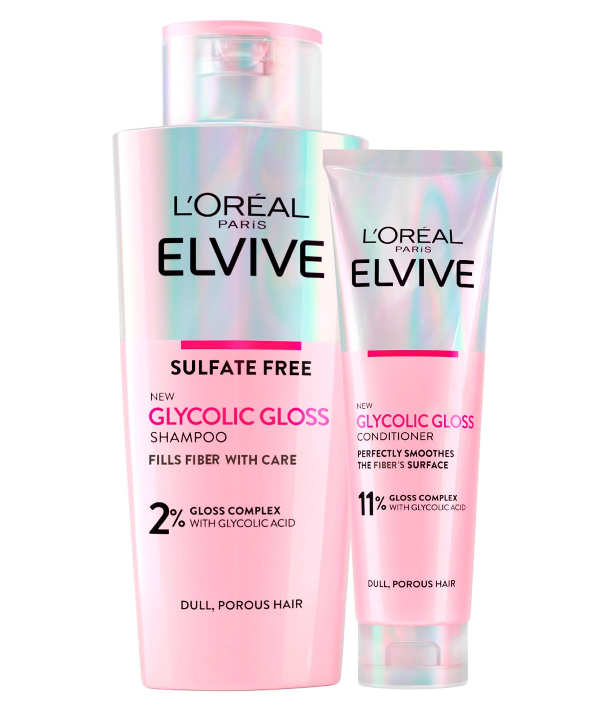 L'Or?al Paris Elvive Glycolic Gloss 200ml Shampoo + 150ml Conditioner with Glycolic Acid for Porous and Dull Hair - 2 Bottles