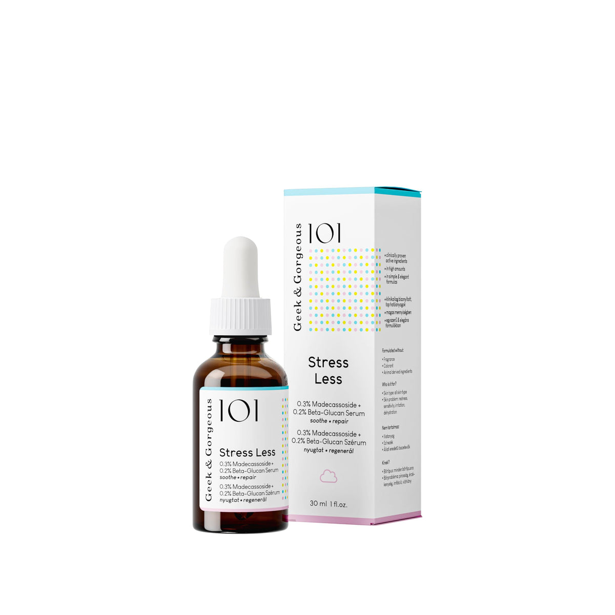 Geek & Gorgeous 101 - Stress Less, light & silky gel formula with Beta-Glucan & Madecassoside, soothes & repairs - all skin types especially