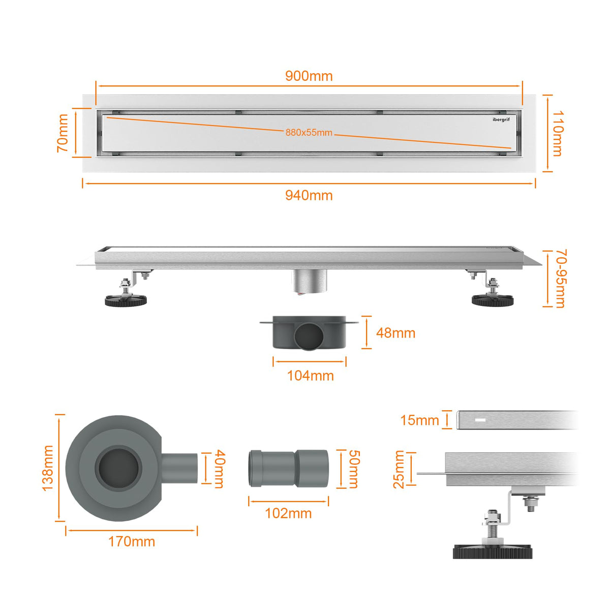 Ibergrif M42001-90 Linear Shower Drain 900mm, 2 in1 Double-sided Tile Insert Stainless Steel Invisible Bathroom Floor Drain Set with Odor Stop and