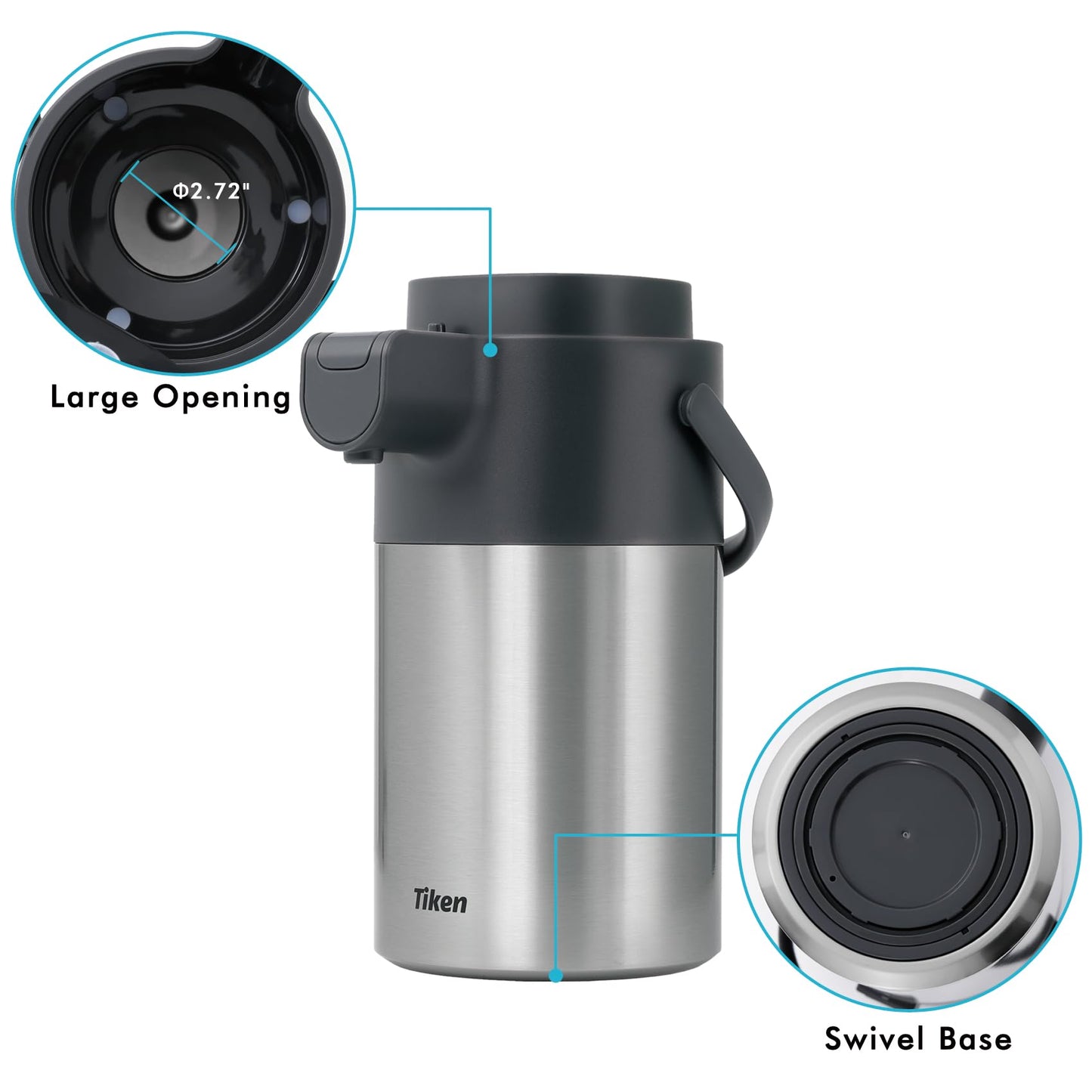 Tiken 3L Airpot Coffee Dispenser with Pump Stainless Steel Vacuum Insulated Thermal Jug Flask for Hot Water Tea