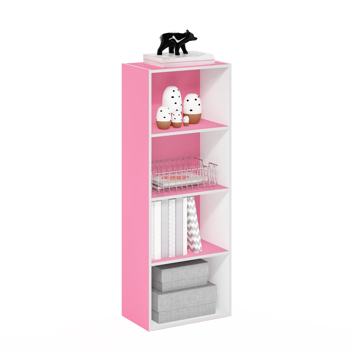 Furinno LUDER Book Shelf, 4-Tier Bookshelf, Bookcase with Open Shelf, 9.3 x 15.6 x 41.7, for Living Room, Bedroom, Home Office, Pink/White