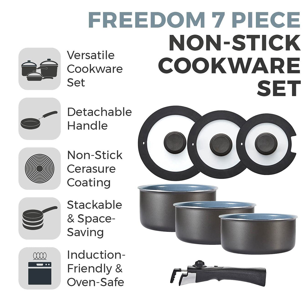 Tower Freedom T800201 7 Piece Cookware Set with Ceramic Coating, Stackable Design and Detachable Handle, Graphite, Aluminium, Black
