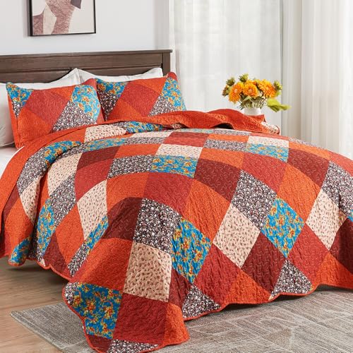 Qucover Quilted Bedspread Super King, Multicolour Print Red Orange Blue Patchwork Quilt with 2 Pillow Shams, All Seasons Lightweight Soft Microfiber