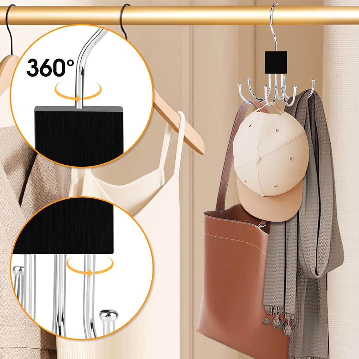 Belt Hanger,2 Pieces Anti Slip Tie Hanger For Wardrobe Scarf Hanger With 6 Hooks Multifunctional Coat Hanger Hooks Rotatable Belt Rack Closet