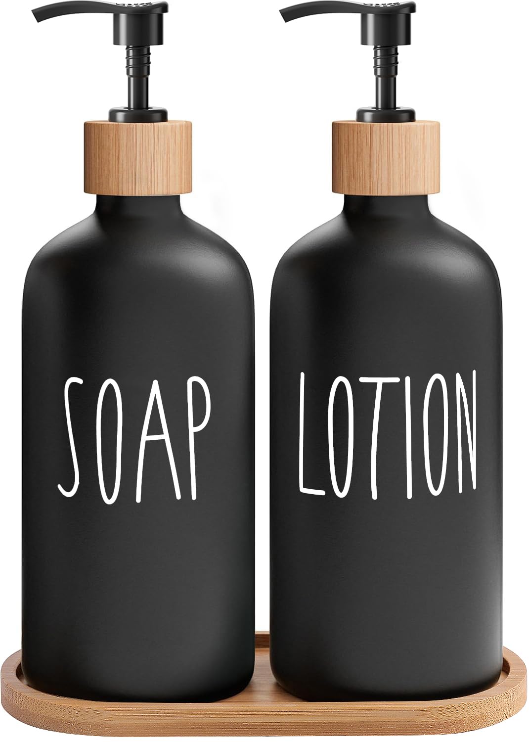 MOMEEMO Black Soap Dispenser Bathroom Set, Set with Glass Dispenser, Bamboo Pumps & Tray. Hand and Lotion Suitable for Farmhouse Decor. (Black)