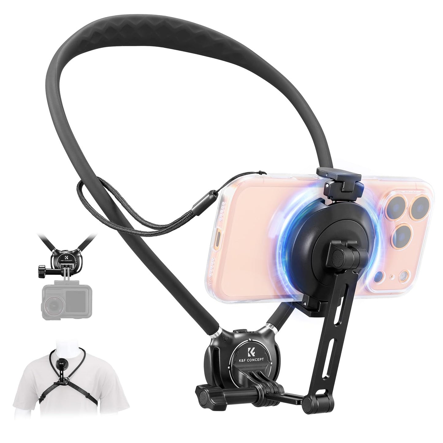 K&F CONCEPT Neck Phone Holder, 2-in-1 Magnetic & Clip-on Phone Neck Holder, Mag-Safe POV Phone Holder Selfie Mount Hand Free Stand Compatible with