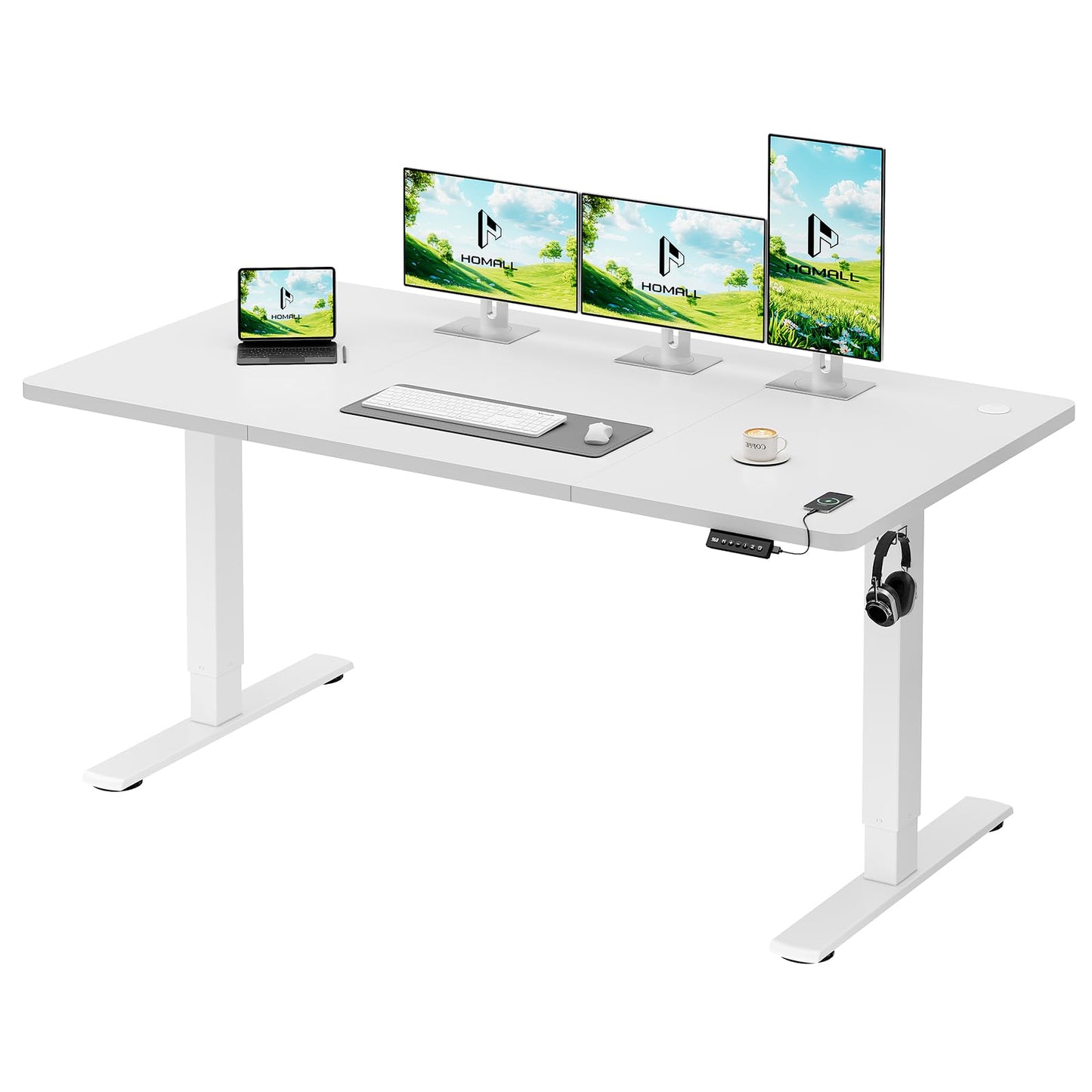 Homall Electric Height Adjustable Desk, Adjustable Height Office Desk with USB Ports, 160x70cm, Home Office with Splice Board, White