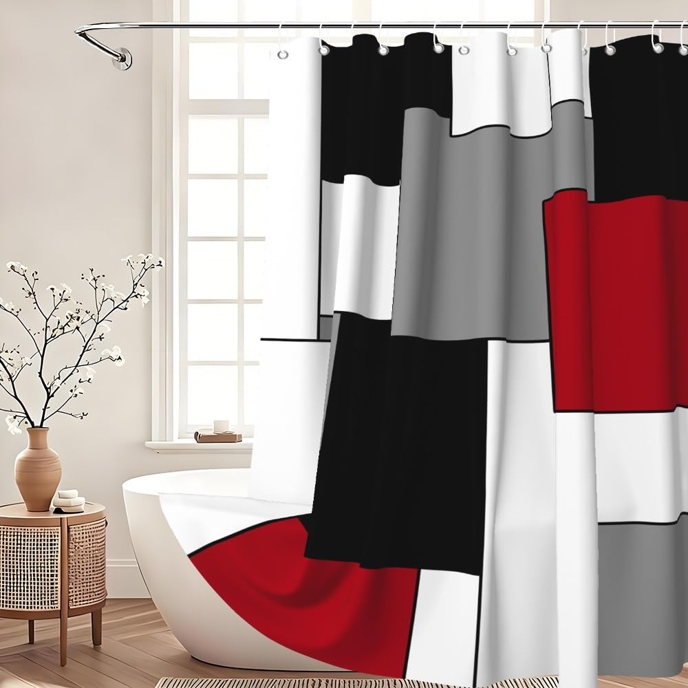 Xiaoterna Geometric Shower Curtain Red and Black Bathroom Curtain Modern Abstract Art Colorful Square Stripes Water Repellant Fabric Washable Shower