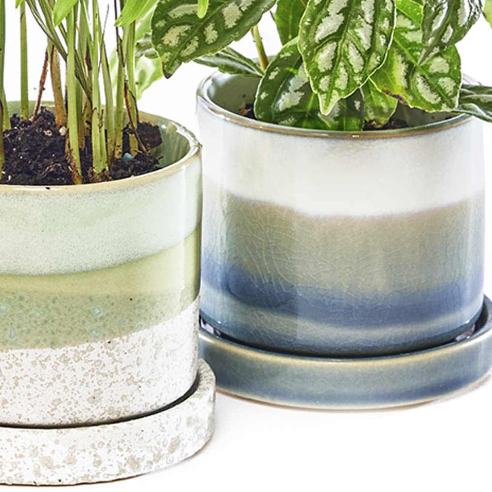 Chive ?Minute? Ceramic Plant Pots ? Cute, Beautiful Pots for Flowers & House Plants Indoor & Outdoor ? Set of 3 ? Green & Blue